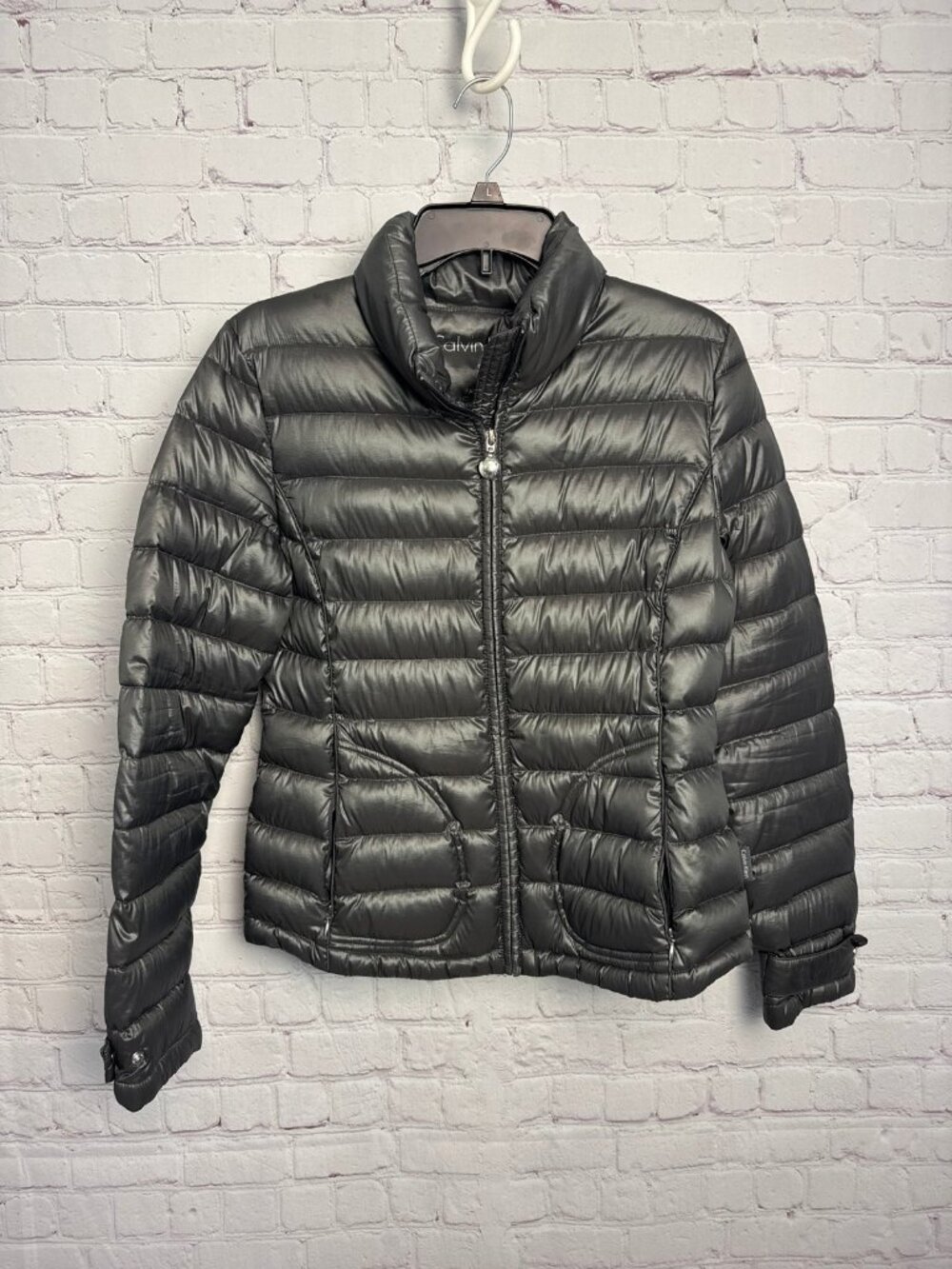 Calvin Klein puffy gray jacket metallic packable puffer coat ladies small